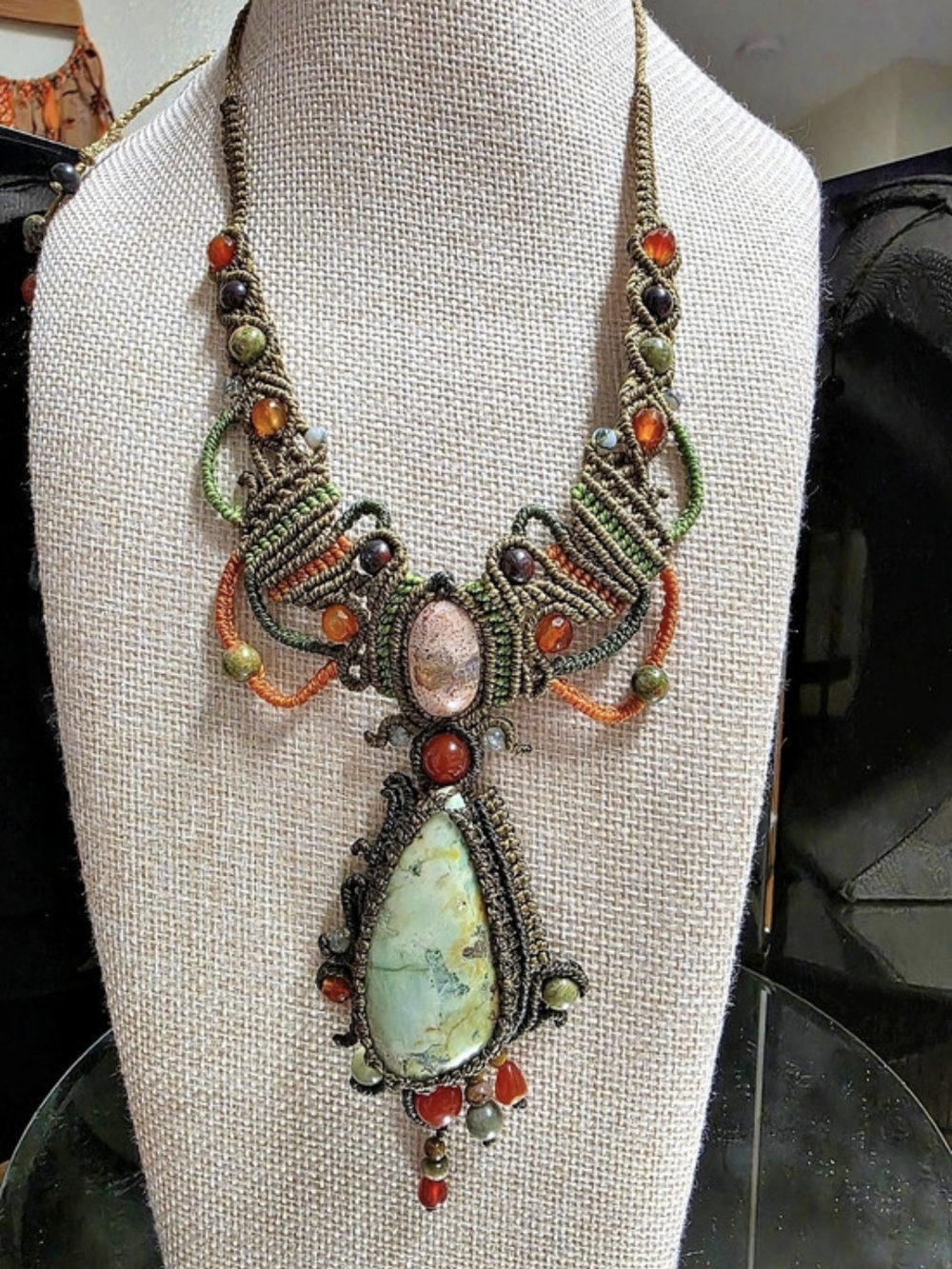 Micro Macrame Cantera/Mexican Matrix Opal Chrysophrase Statement Necklace